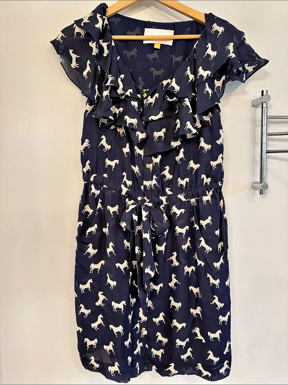 Leifsdottir Andalusian Horse Print Silk Dress Blue & Cream, Size 8
